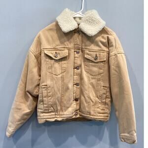 Vintage Womens Bomber Jacket Khaki Sherpa Lined Collar Mustard Yellow Y2K Small